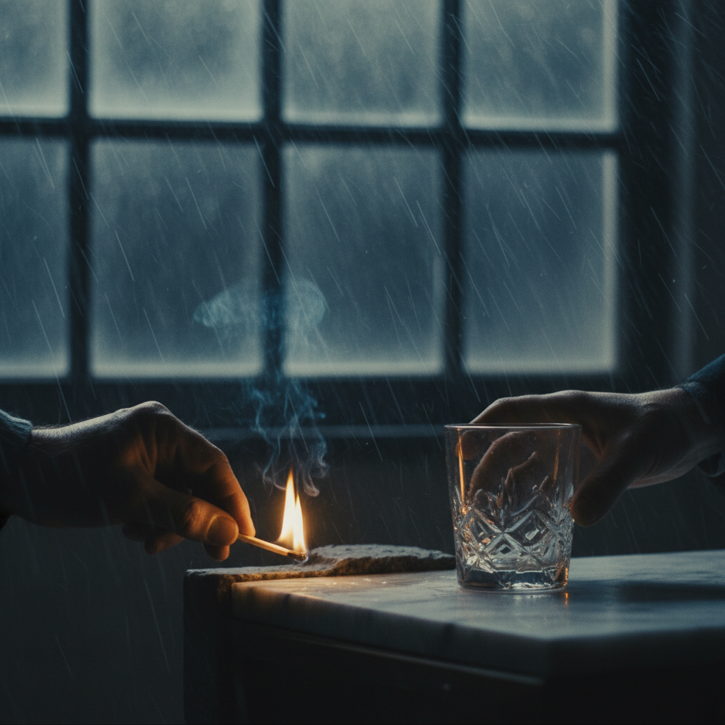 Film scene with full foley layered in — rain, match strike, glass on marble