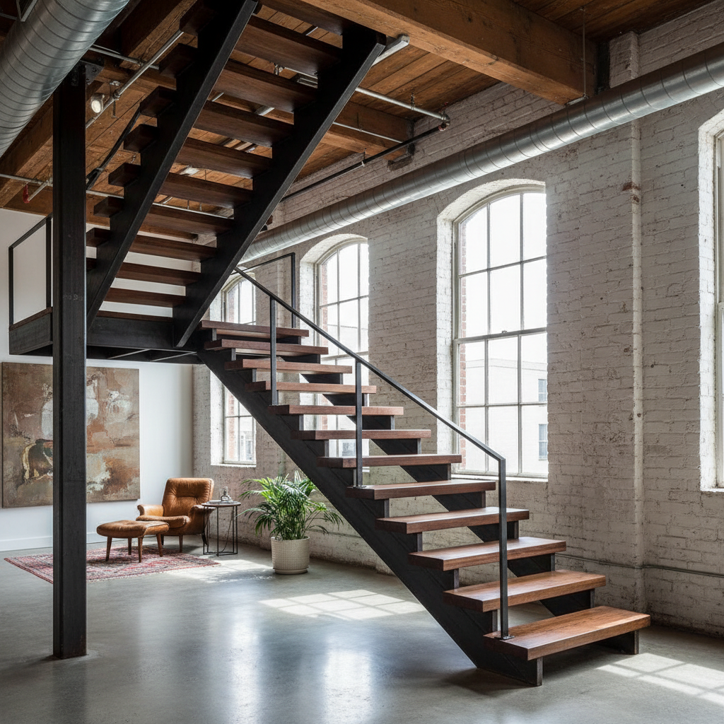 Walnut and blackened steel open-riser staircase in a Mission District loft conversion, industrial aesthetic
