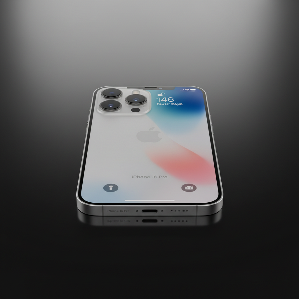 iPhone 16 in natural titanium finish on light background