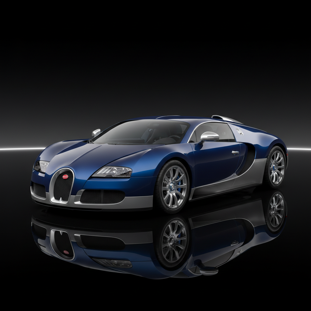Bugatti Chiron hypercar in midnight blue, studio lighting, dark background, ultra-detailed surface reflections