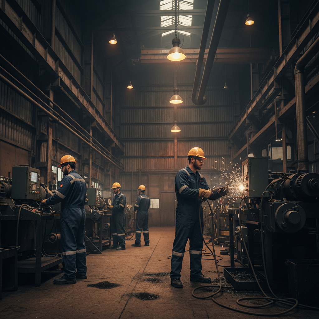 Maintenance technicians working in a commercial building, industrial setting, dim professional workspace, safety equipment