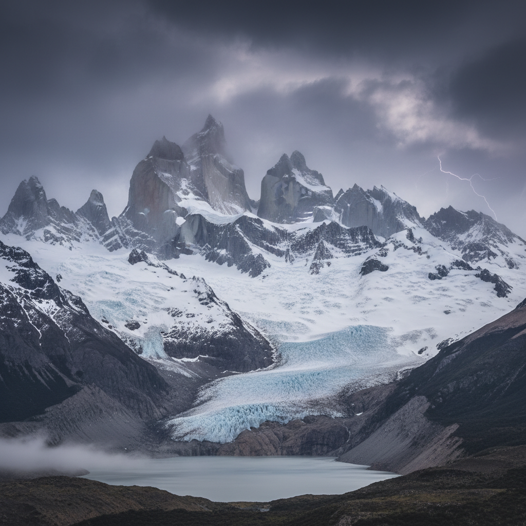 Dramatic Patagonian mountain peaks with glacier blue lake in foreground, dramatic storm clouds, rugged landscape