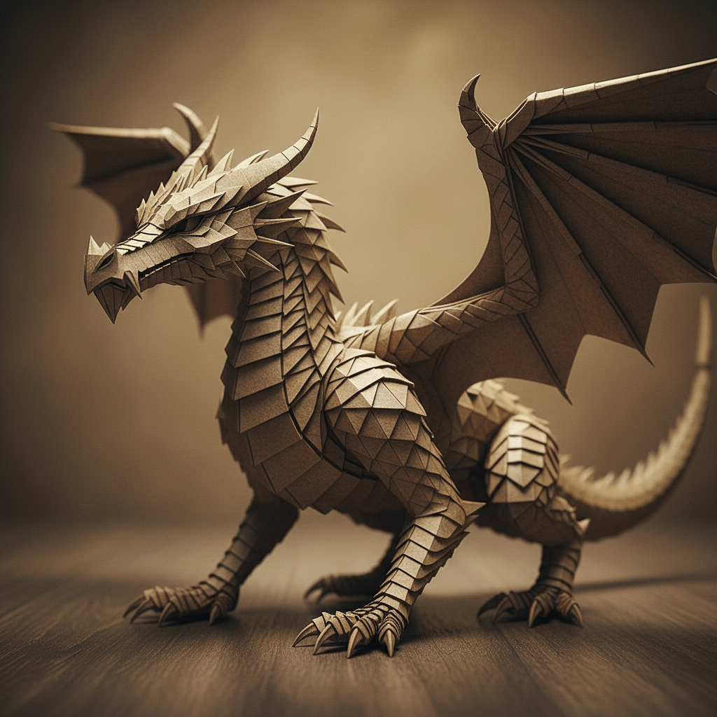 Intricately folded origami dragon sculpture in brown paper with detailed scales and claws