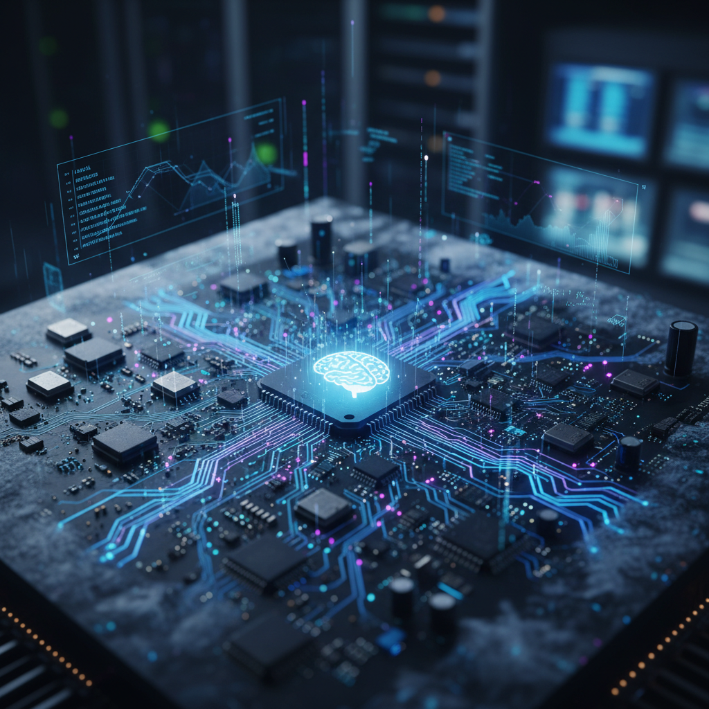 Circuit board and technology components representing AI product development