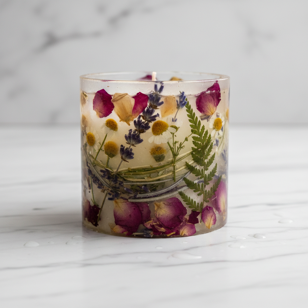 Artisan candle with botanicals on marble — Pin template preview