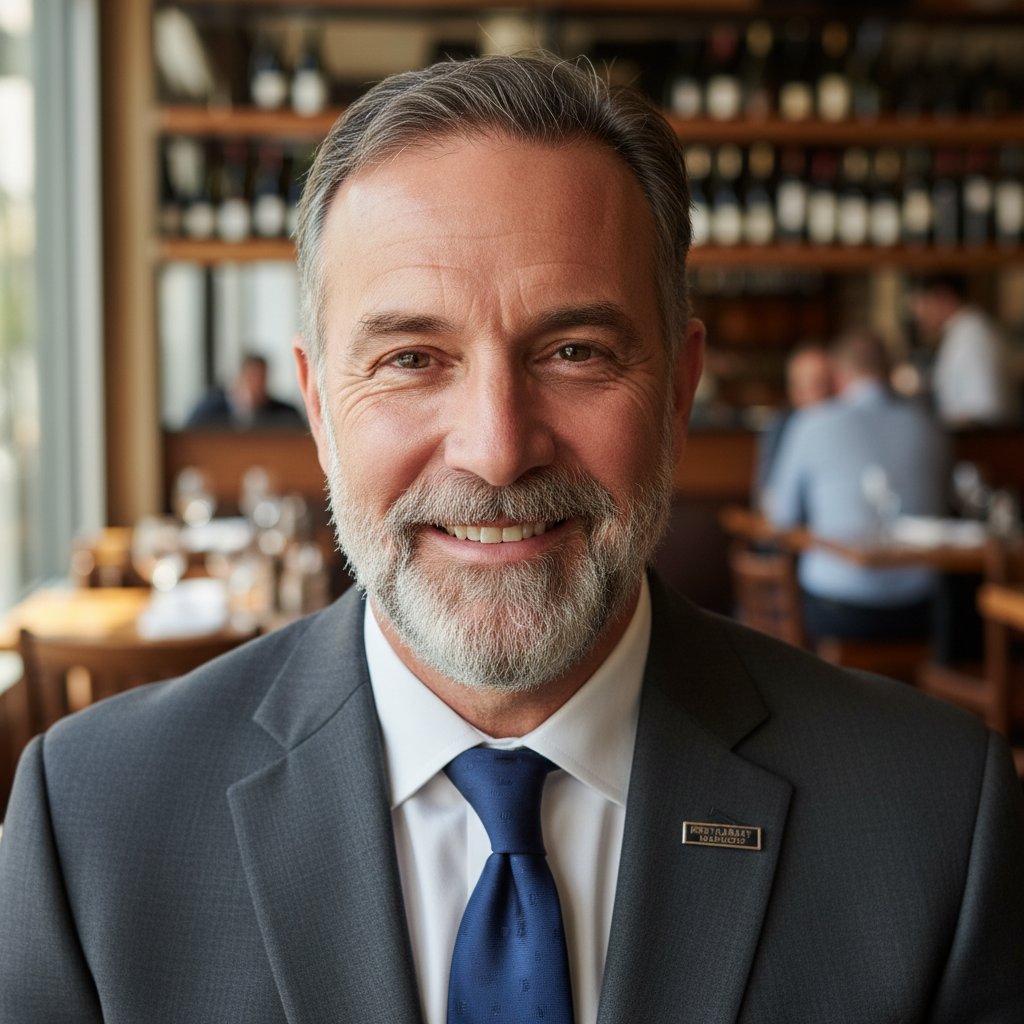 Bearded man in casual attire with warm smile in restaurant setting