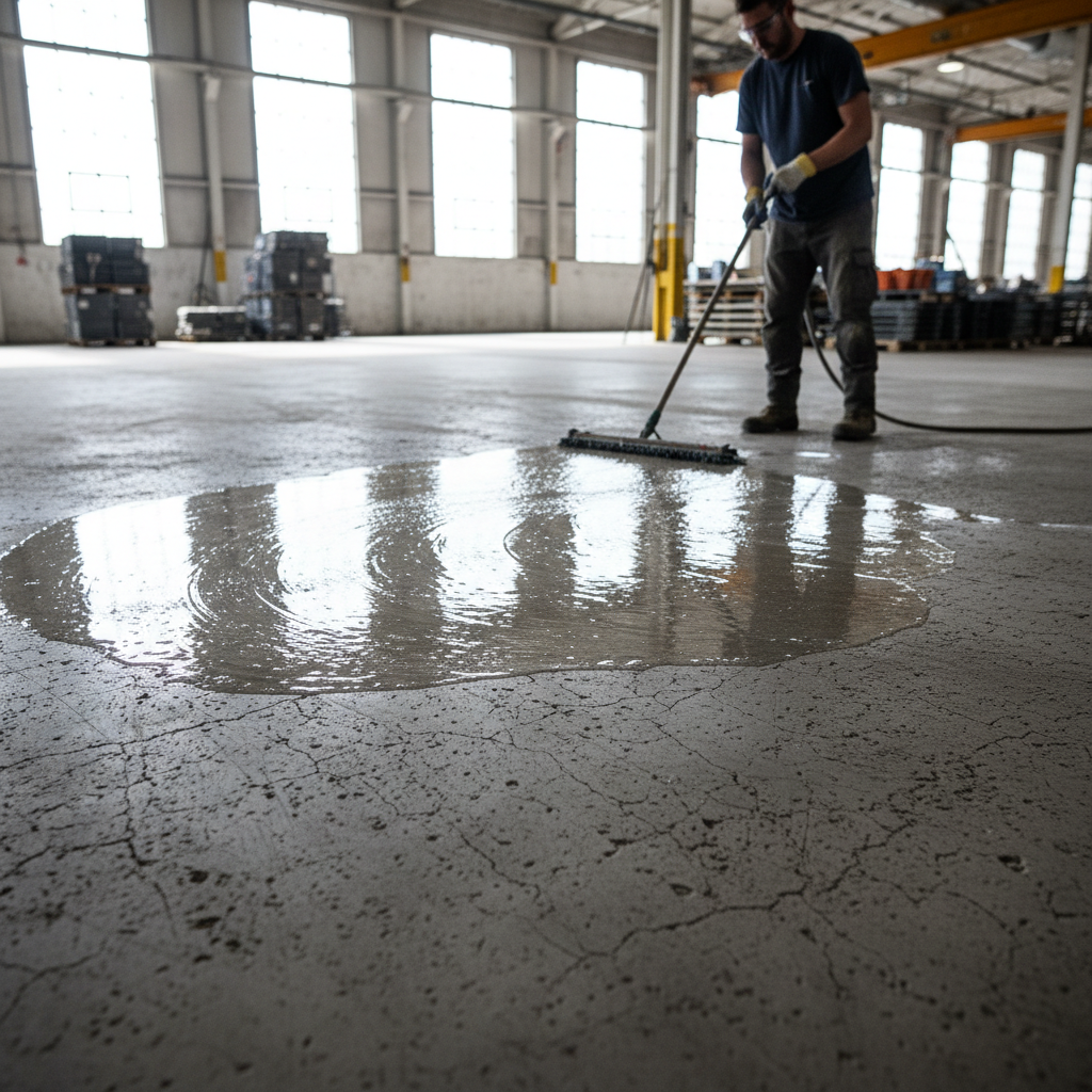 Concrete floor with densifier being applied, liquid soaking into the surface in a warehouse