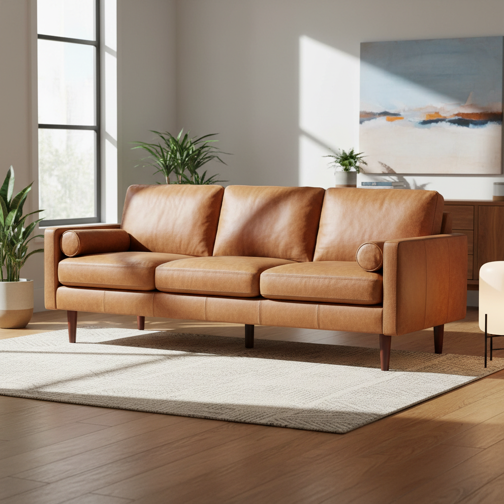 Elegant tan leather lounge chair with dark walnut wooden legs in bright minimalist room