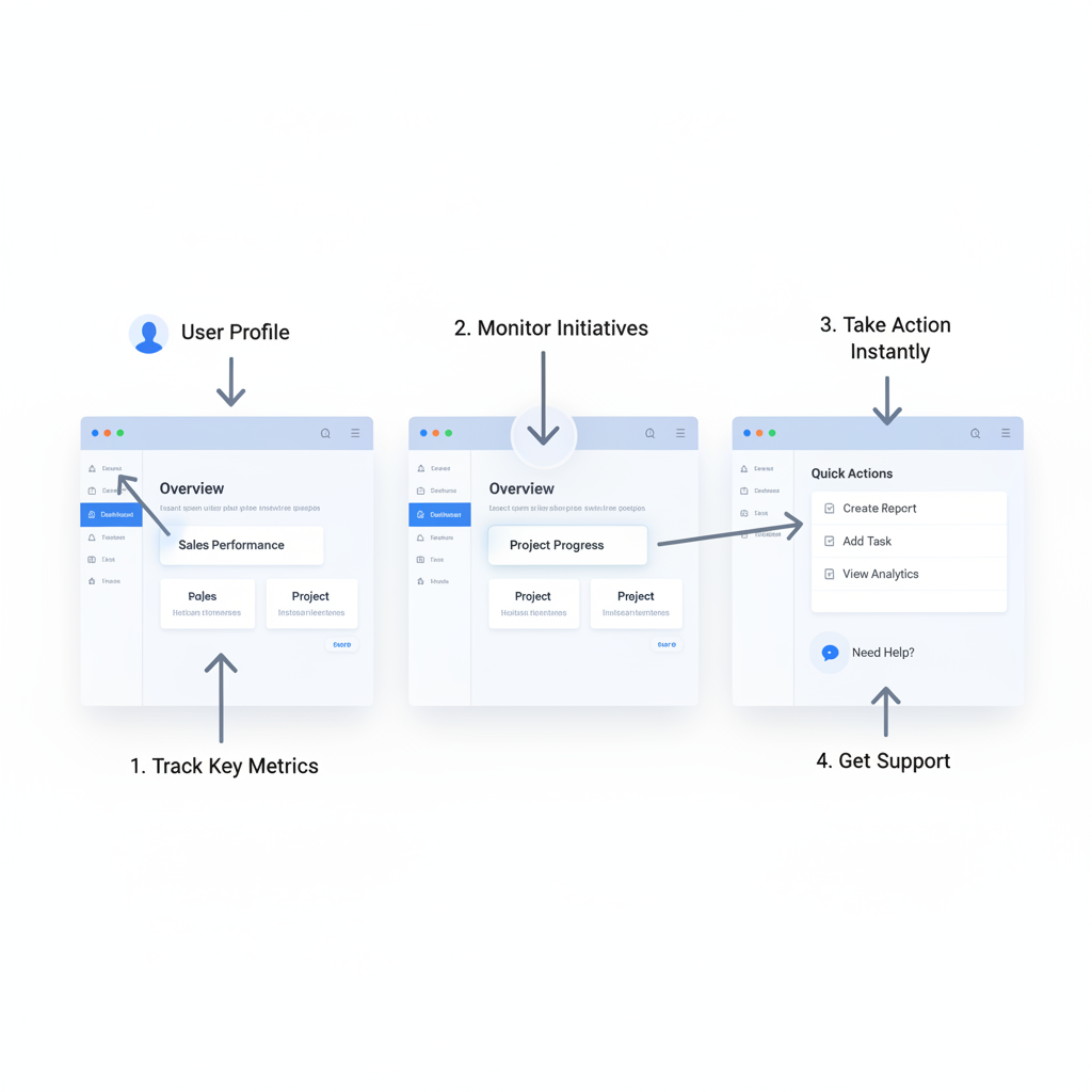 UI walkthrough with captions on clean dashboard