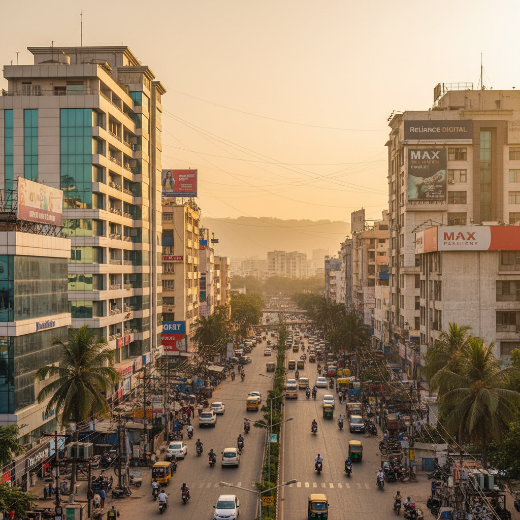 Gurugram street view near Subhash Chowk area showing commercial buildings in warm afternoon light, urban Indian cityscape