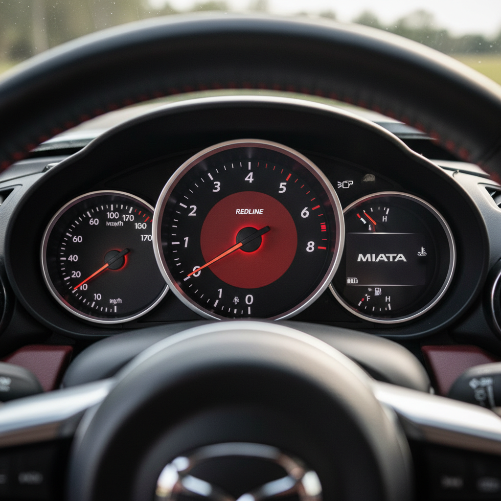 Mazda MX-5 cockpit interior with tachometer and instrument cluster
