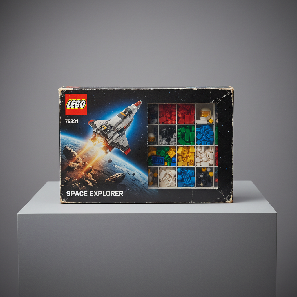 Good condition LEGO set showing minor wear on box but all bricks present and sorted by color