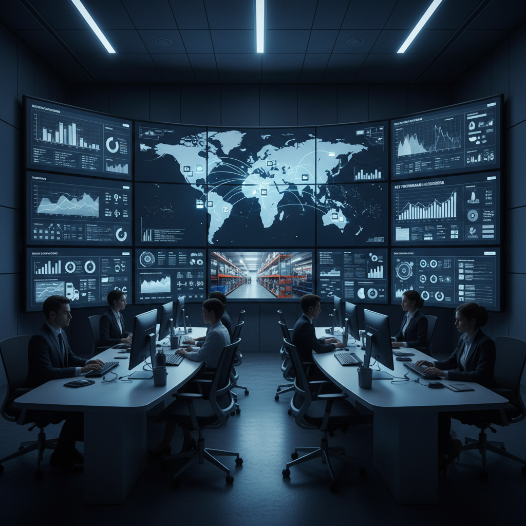 Logistics control room with screens showing route maps in dim blue ambient light, dark professional atmosphere