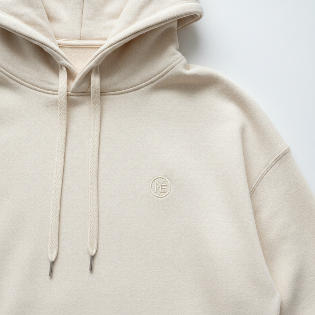 Oversized cream hoodie with minimalist drop motif DTF print
