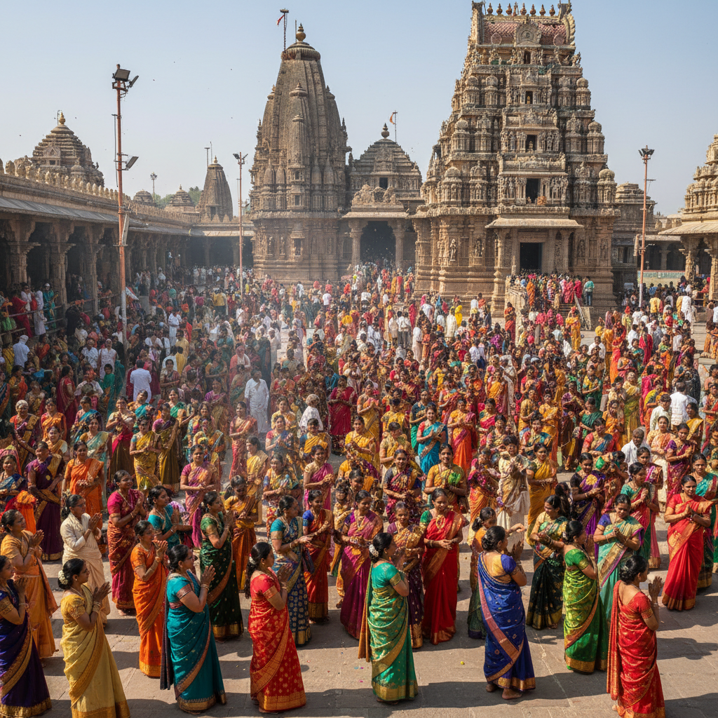 Wide shot of temple courtyard filled with devotees during Mahavir Jayanti celebration