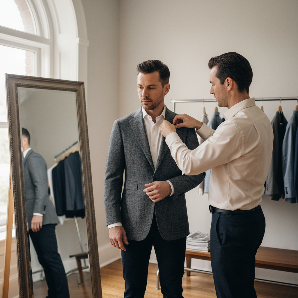 Stylist adjusting the lapel of a charcoal blazer on a client standing before a full-length mirror, natural window light catching the fabric weave