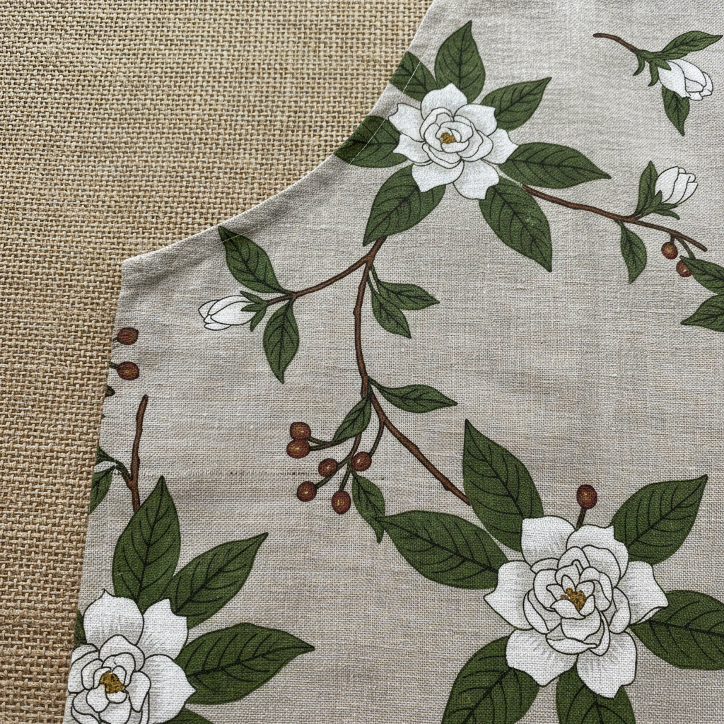 Close-up of hand-screened linen apron fabric texture with botanical print