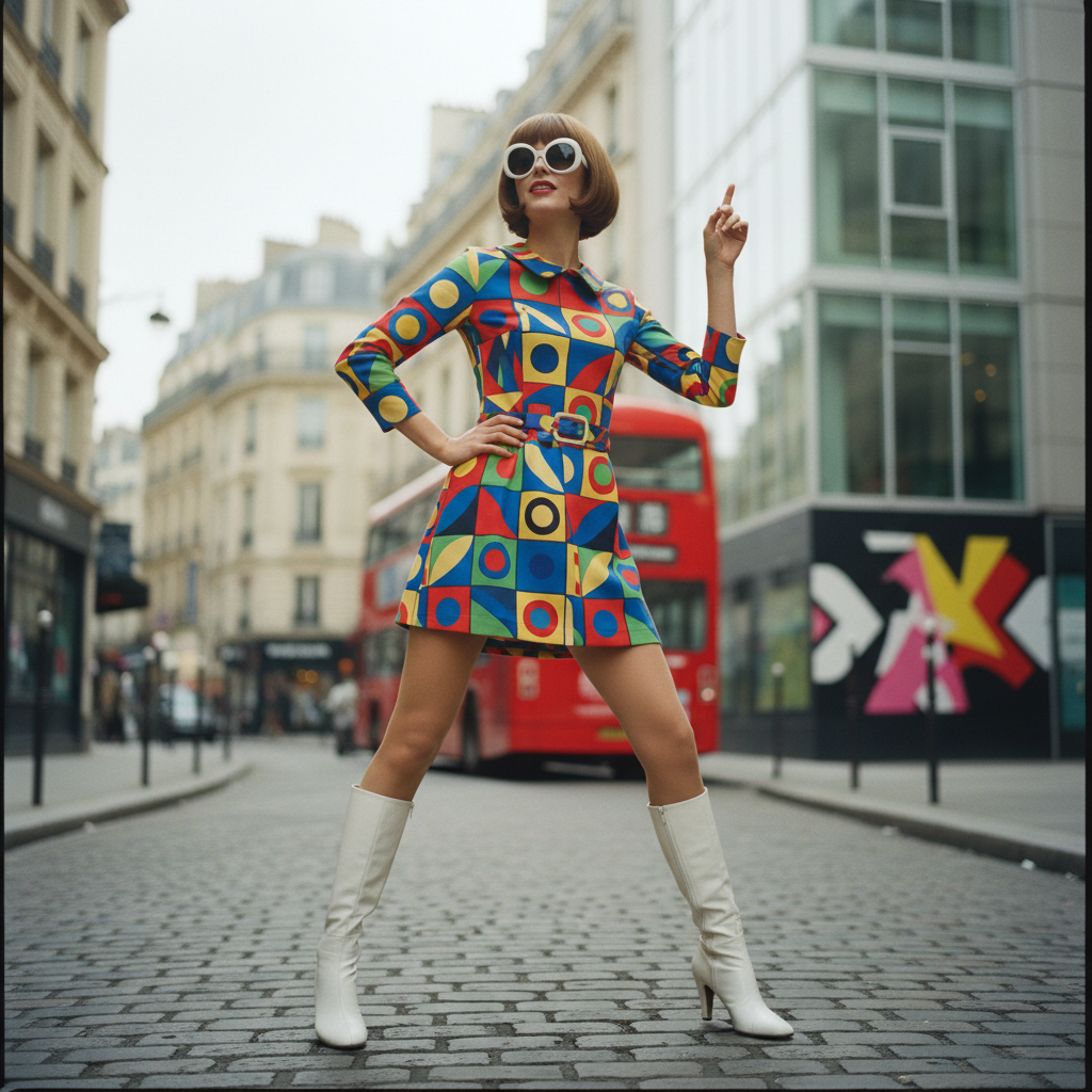 1966 Swinging Sixties fashion editorial, mod silhouette in geometric print, vibrant color palette, London-Paris energy