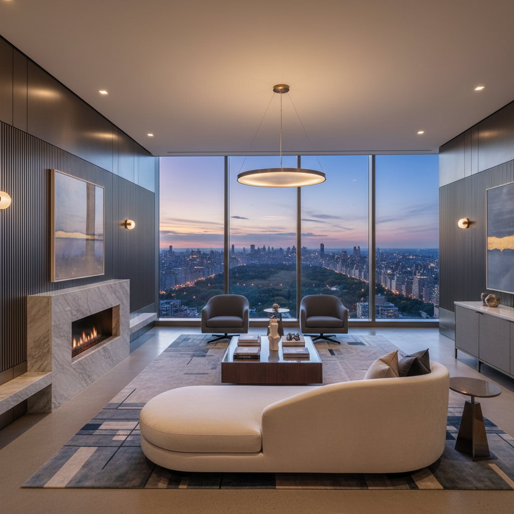 Expansive full-floor penthouse living room with floor-to-ceiling windows overlooking Central Park