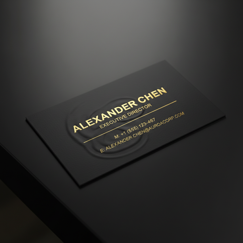 Premium matte black business cards with raised embossed gold text and logo, dark surface, dramatic studio lighting, close-up macro photography