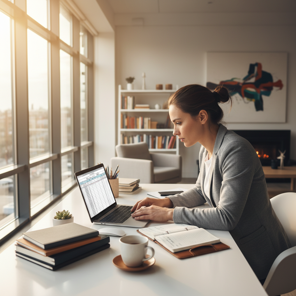 Business person completing paperwork at clean modern desk, bright office lighting, organized professional workspace