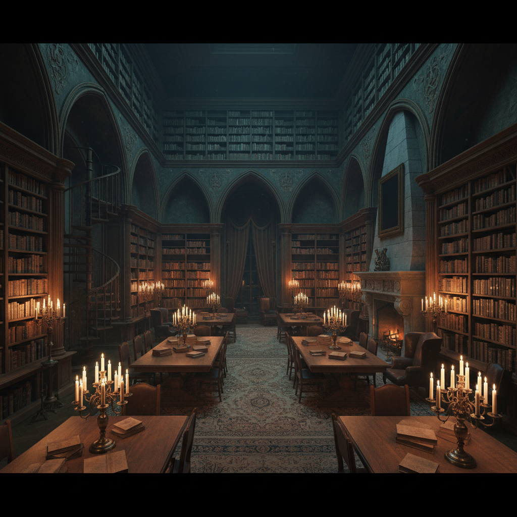 Atmospheric dark library interior with warm candlelight glow, tall wooden bookshelves, dim amber lighting, deep shadows