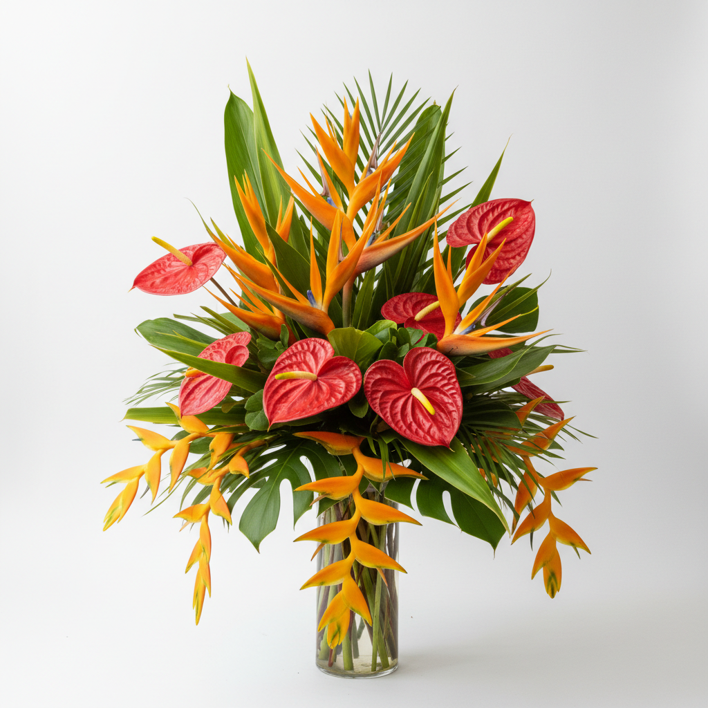 Exotic tropical birthday bouquet with birds of paradise and bright orange blooms