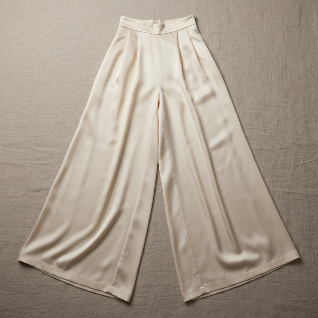 Flowing white palazzo pants laid flat on light surface clean bright studio