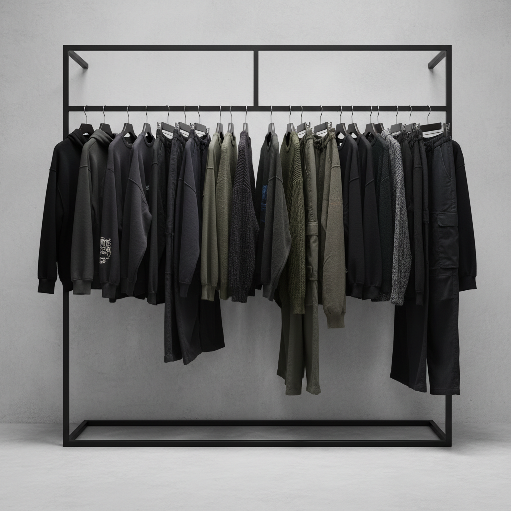 Fresh streetwear outfit on rack in dark boutique, spotlit from above against black background