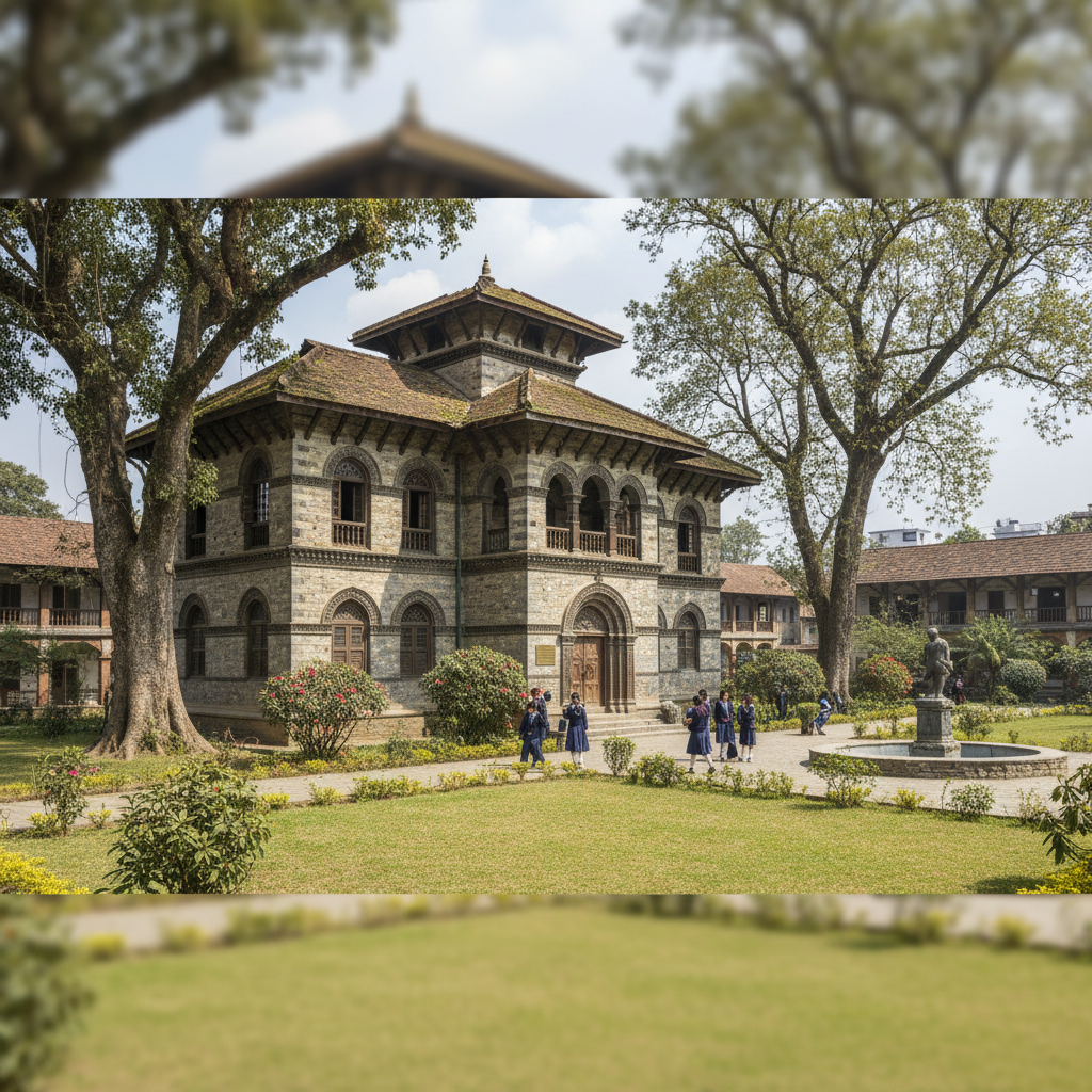 University campus building with historic stone architecture and green lawn