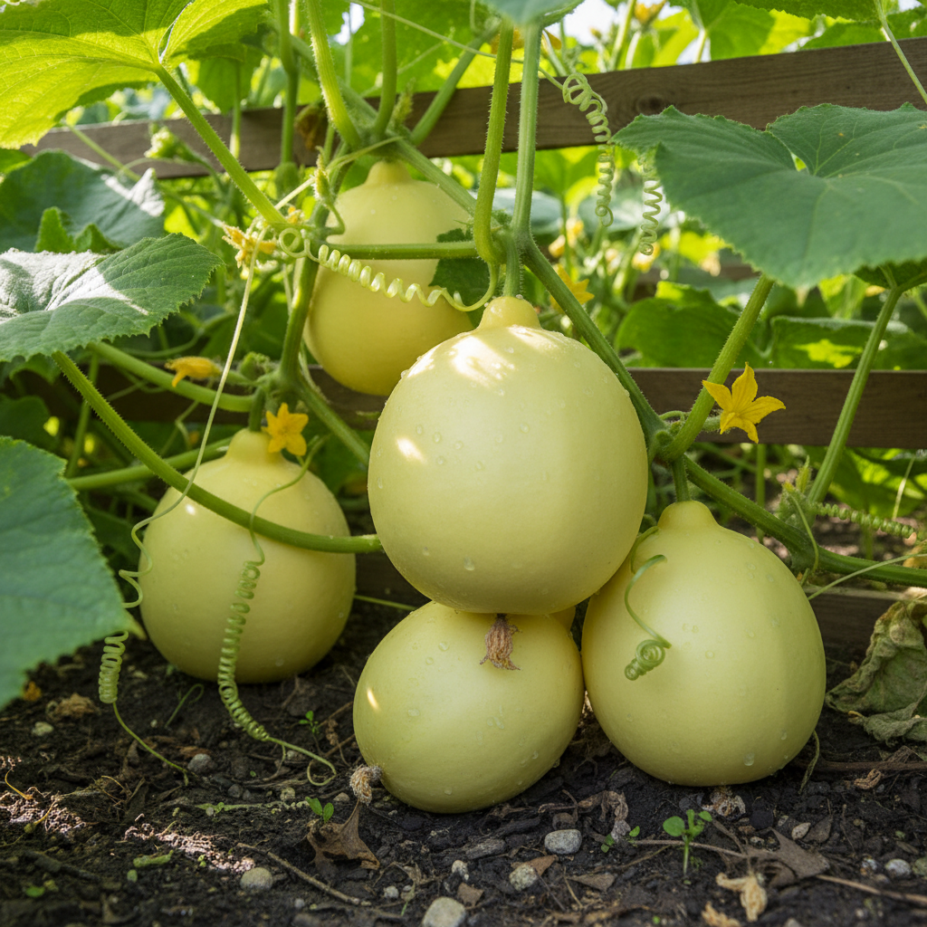 Round pale yellow lemon cucumbers growing on vine with tendrils