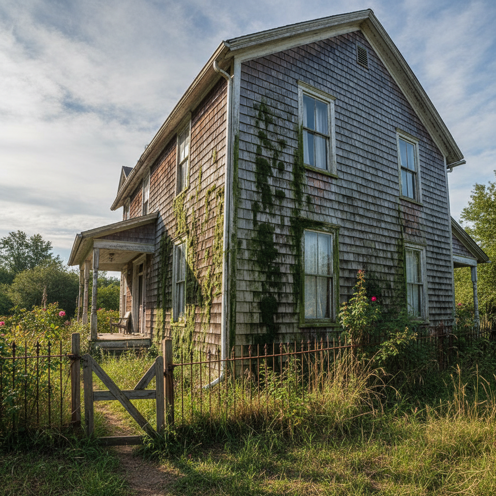Old house siding covered in dark green algae streaks and black mold stains, heavily weathered exterior, overcast grey sky