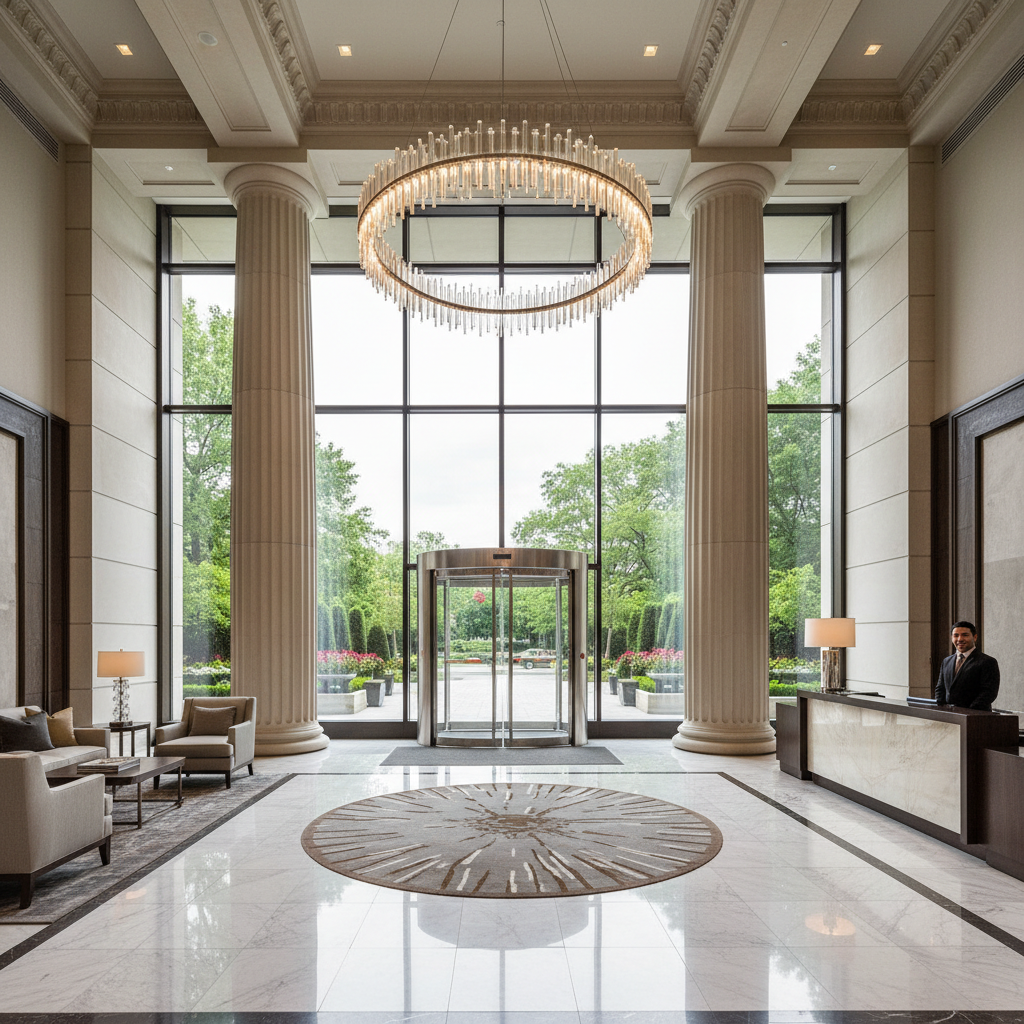 Lobby entrance of luxury mid-rise residential building with limestone columns