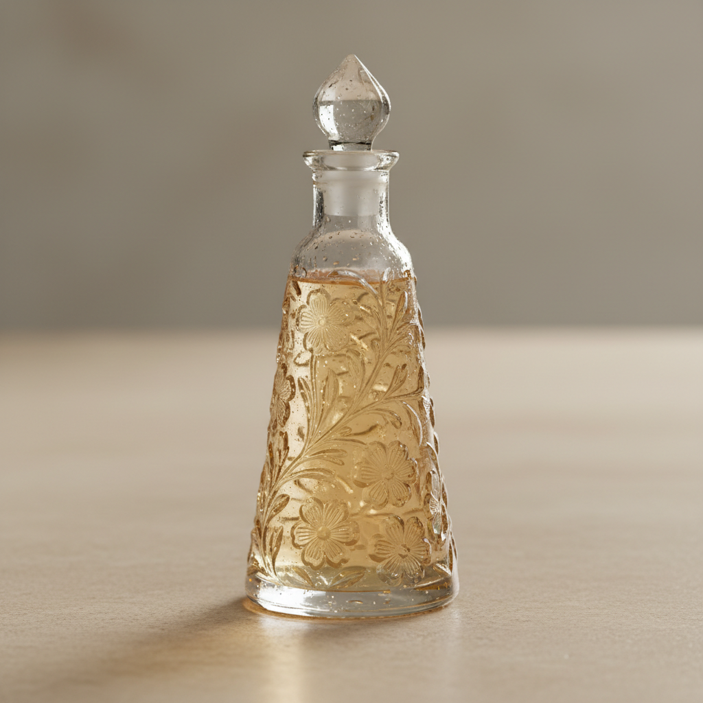 Delicate glass perfume bottle with floral engravings surrounded by white jasmine flowers