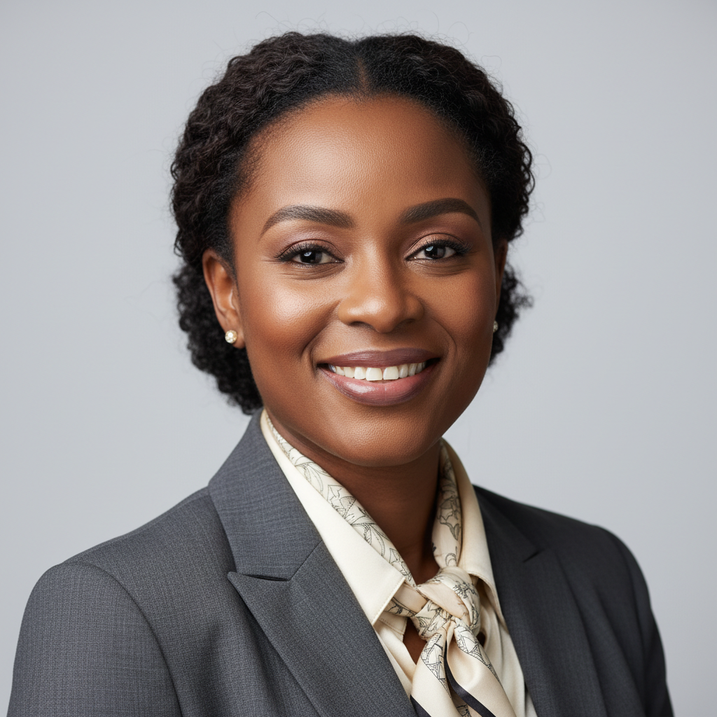 Nigerian woman smiling warmly in professional setting, well-lit bright background