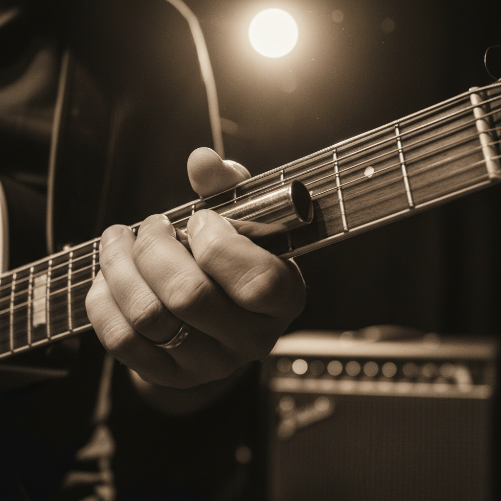 Darnell Price, blues guitarist with slide on ring finger, close-up of fretboard under a single overhead bulb, grainy editorial style