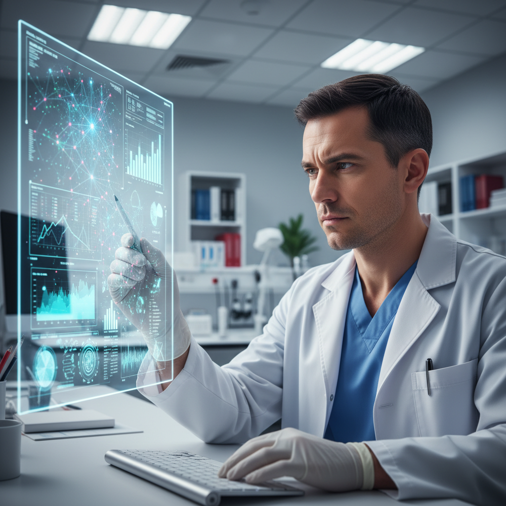 Medical professional analyzing digital health data on transparent screen with AI diagnostic visualizations