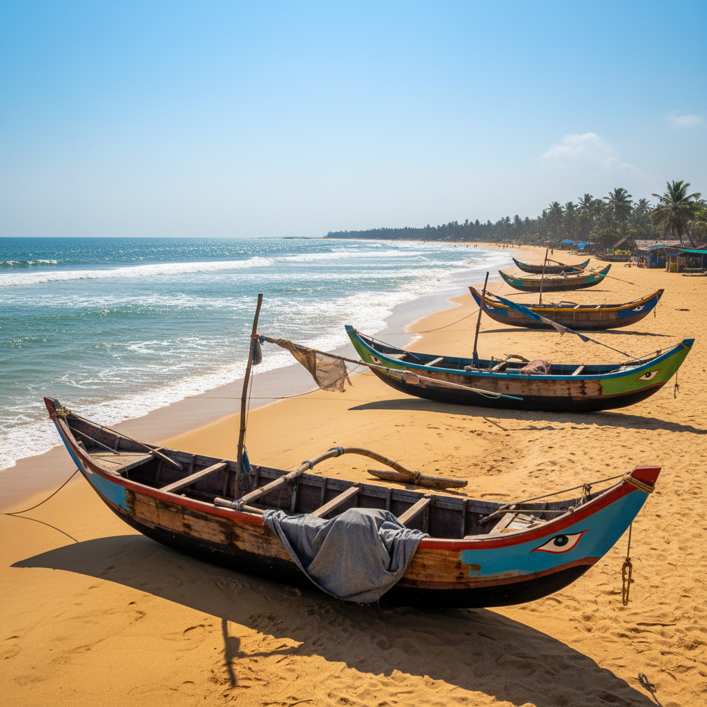 Negombo Beach Sri Lanka, golden sandy shore with fishing boats, blue ocean, bright sunny day