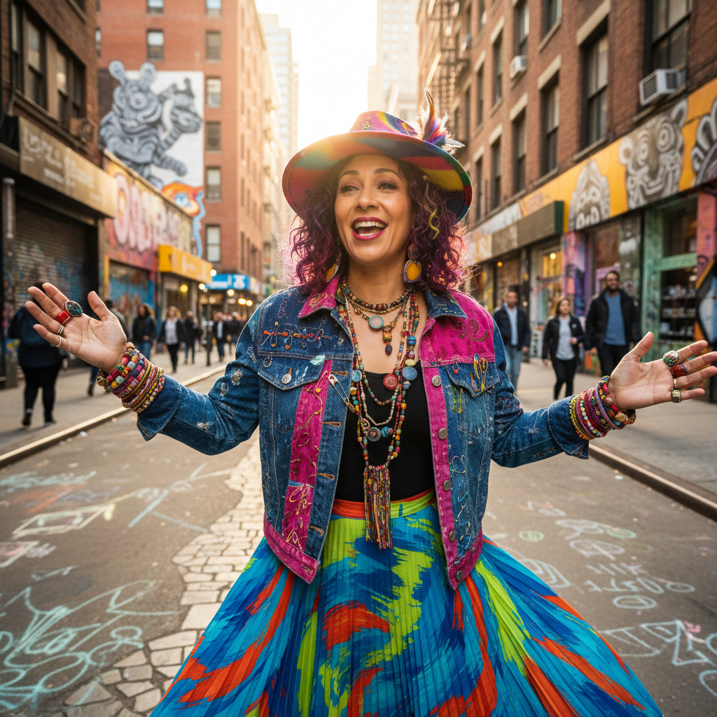 Latina woman with vibrant style, playful expression, colorful urban environment