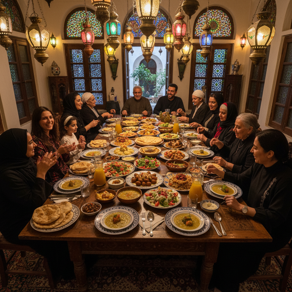 A Lebanese family laughing together over a decimated mezza spread, empty plates everywhere