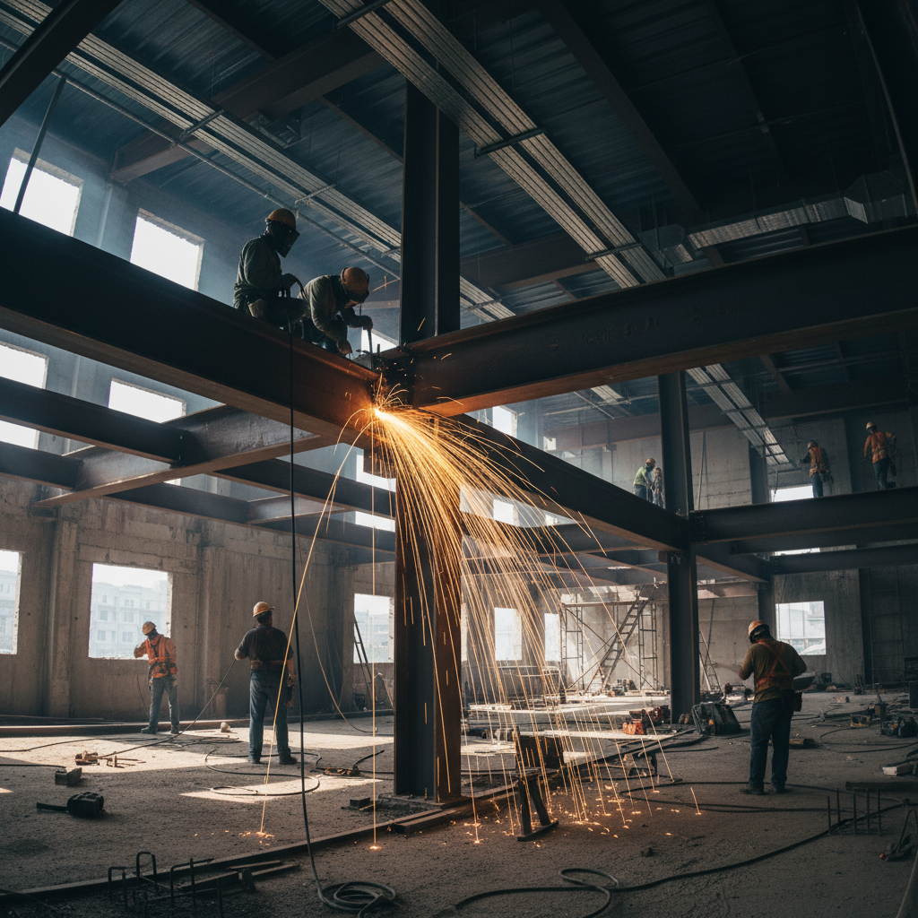 Construction in progress — steel beams being welded, conduit runs visible along ceiling, workers in hard hats on elevated platform