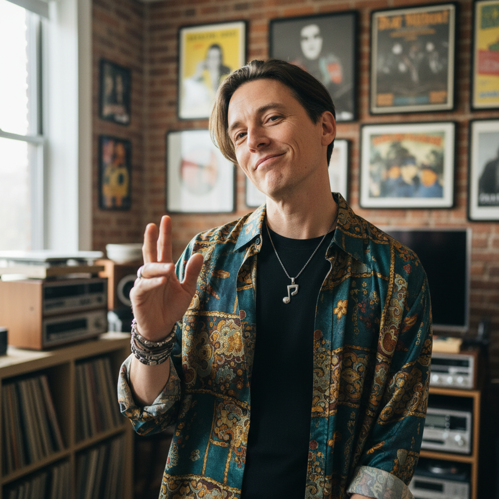 Independent music curator with distinctive aesthetic and confident expression