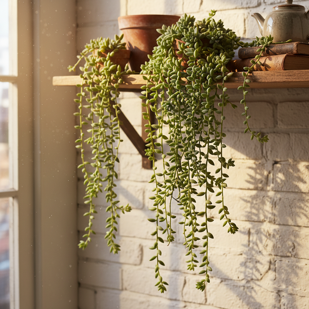 Burro's Tail succulent cascading from a shelf in warm afternoon light