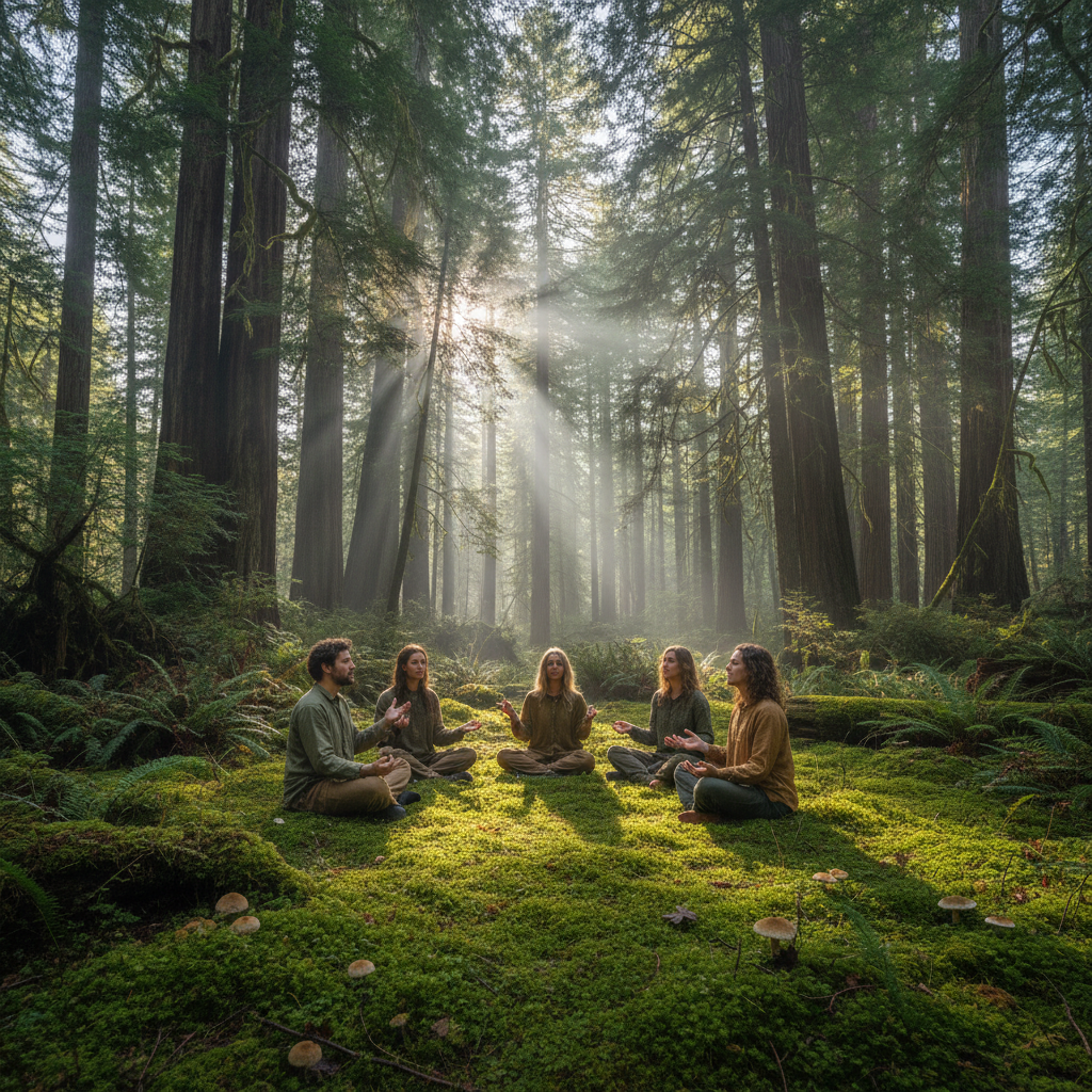 Reflection circle of participants seated outdoors in forest, peaceful contemplative atmosphere