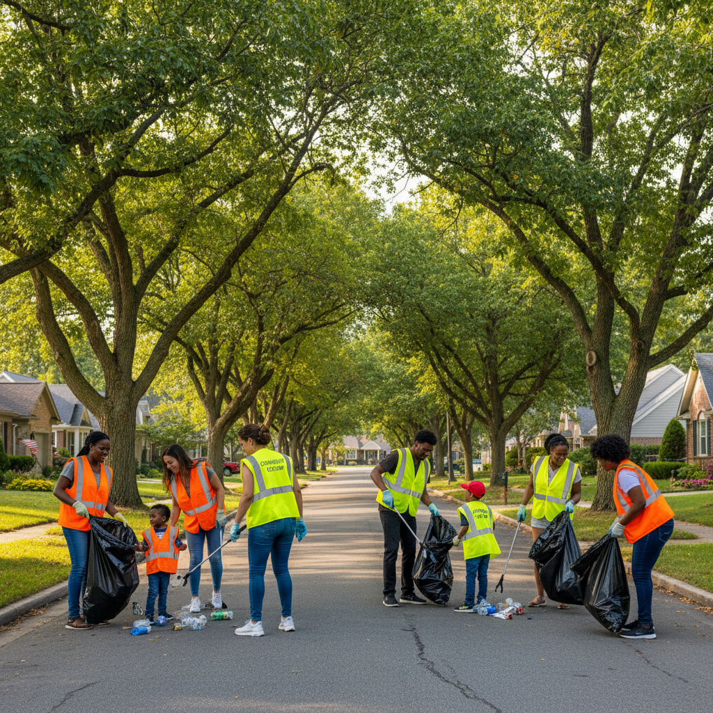 Volunteers in bright vests picking up litter on a city street on a clear morning