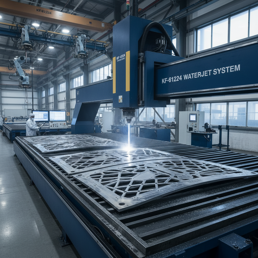 KF-61224 large format waterjet machine cutting titanium aerospace components