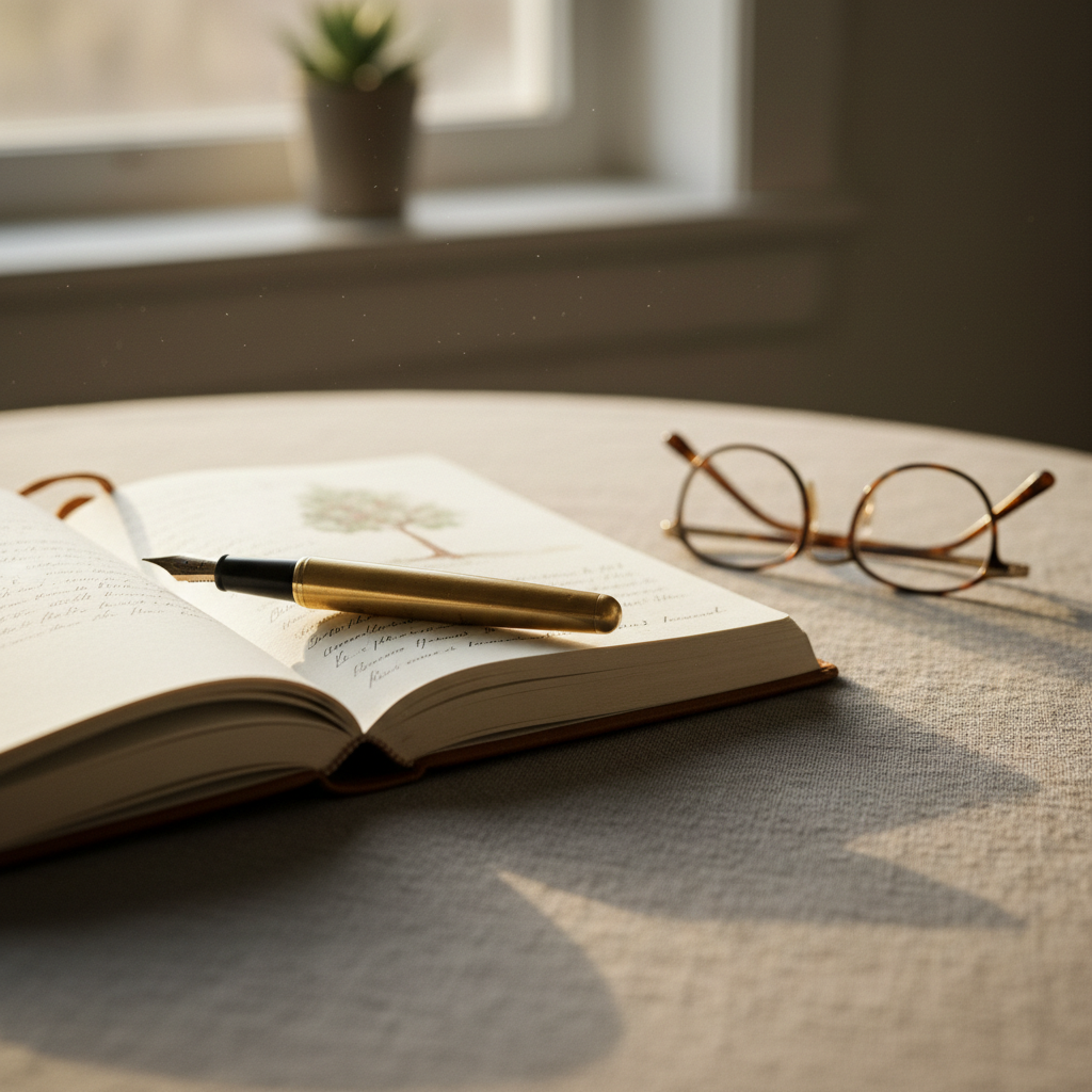 Open journal with pen and reading glasses on a linen cloth beside morning tea