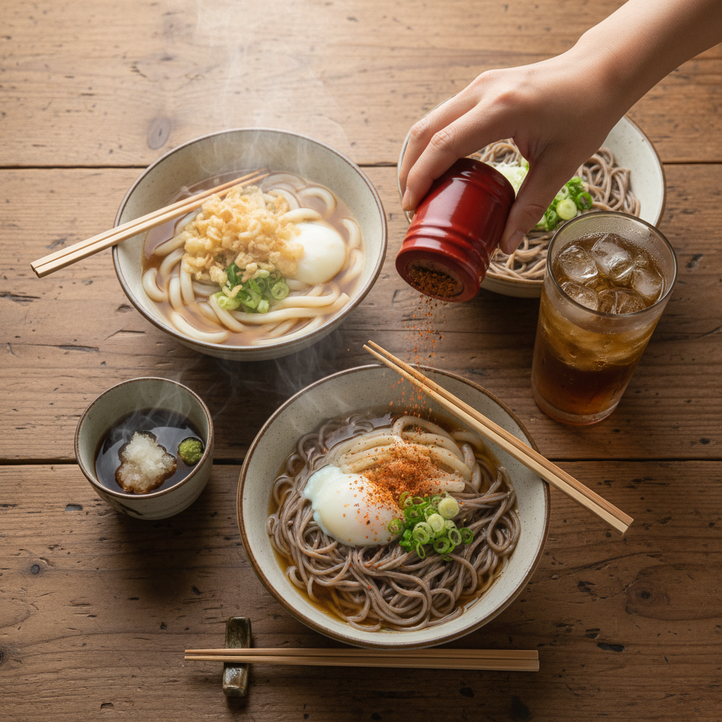 Overhead view of three steaming bowls of udon and soba arranged asymmetrically on a worn wooden communal table, chopsticks at rest, a hand reaching for shichimi togarashi, condensation on a glass of cold mugicha