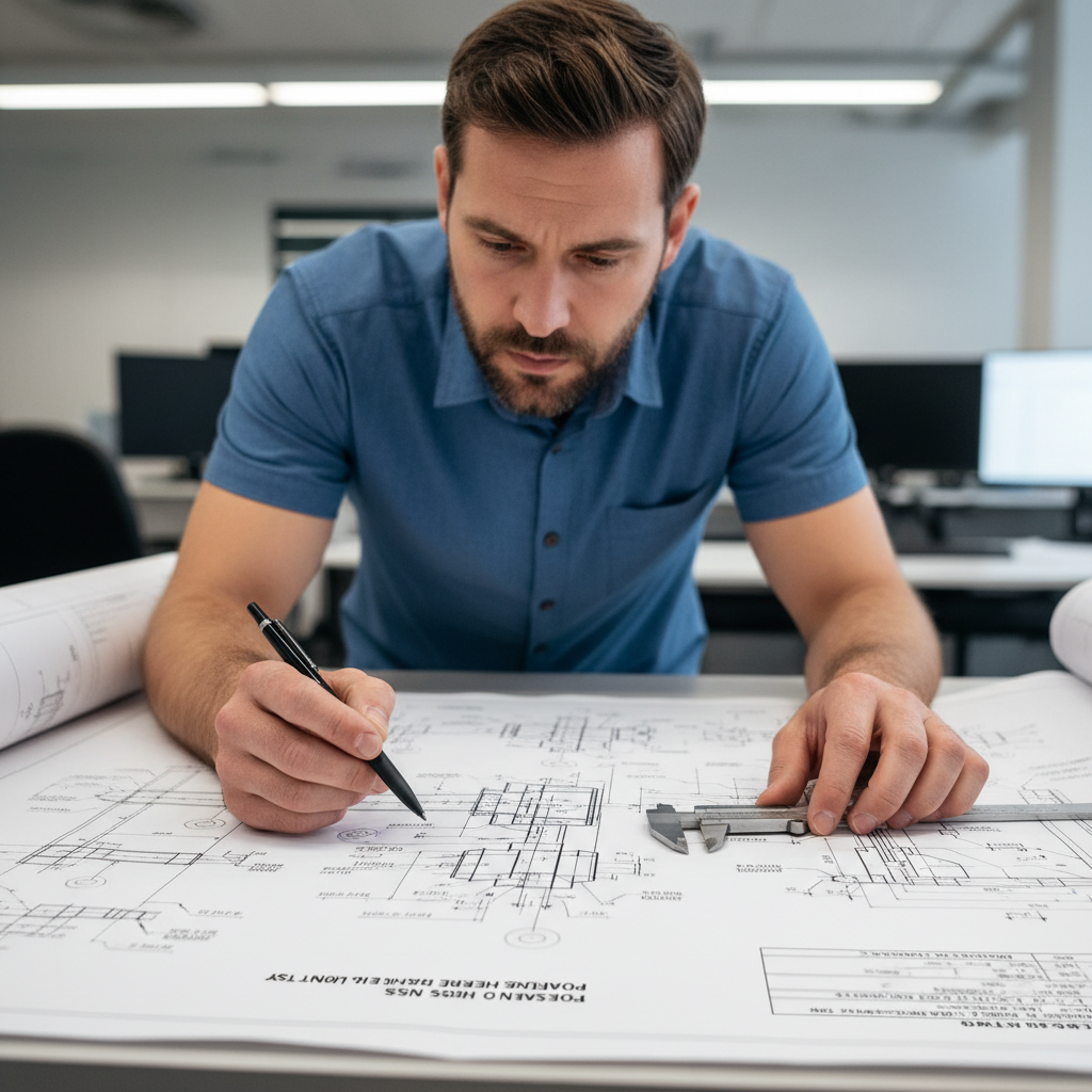 Engineer reviewing 3D CAD design drawings for industrial engineering project