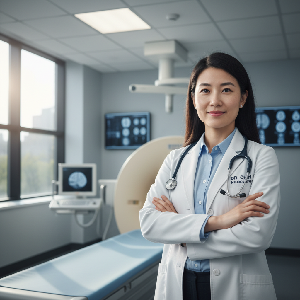Female doctor in professional setting with confident expression